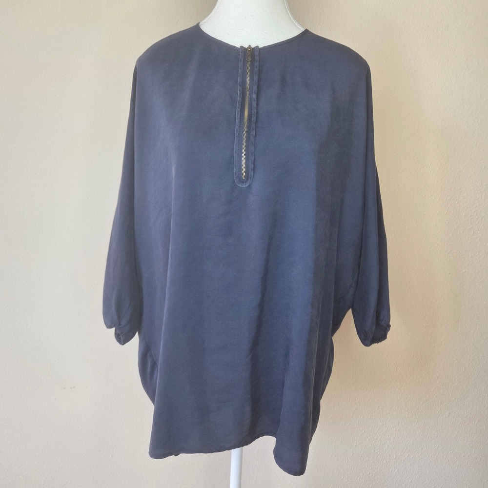 Vince Navy Blue 100% Silk Half Zip‎ Oversized Tunic Blouse Medium
